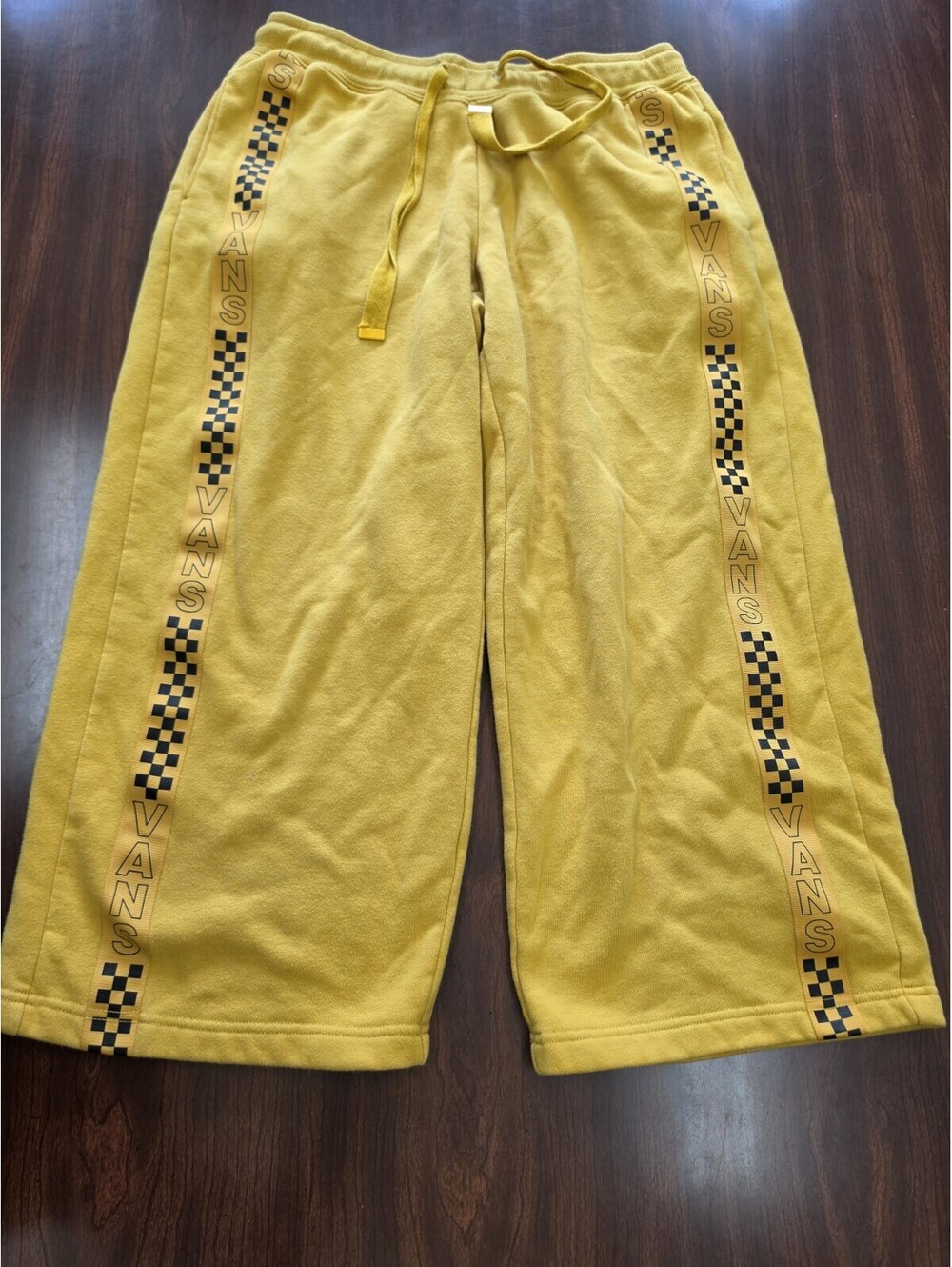 Vans Yellow Wide Leg Sweatpants M Checkered Side Stripe Fleece Y2K Skatewear Pop